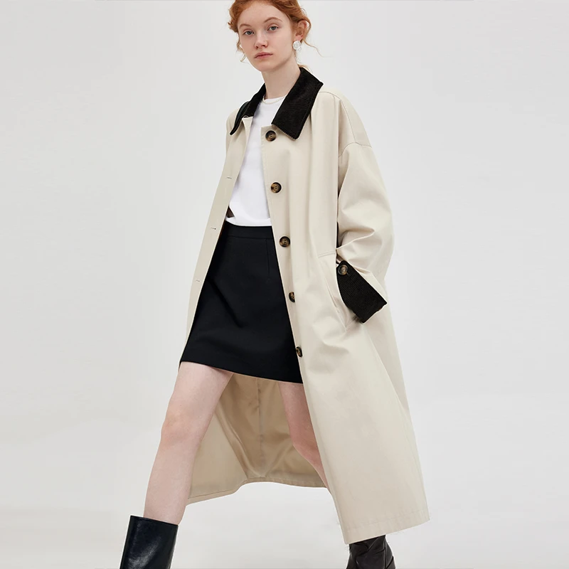 范洛拼接复古茶棕灯芯绒撞色单排扣风衣FQ23W042推广