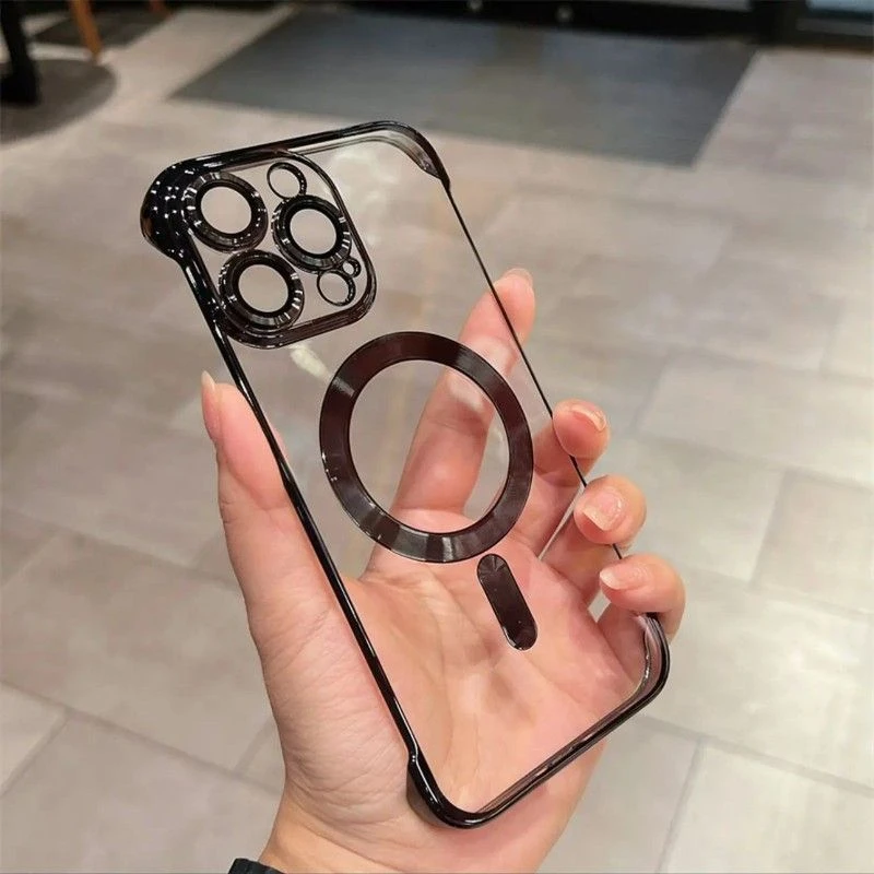 苹果14promax无边框手机壳磁吸电镀iPhone13超薄透明自带镜头膜12