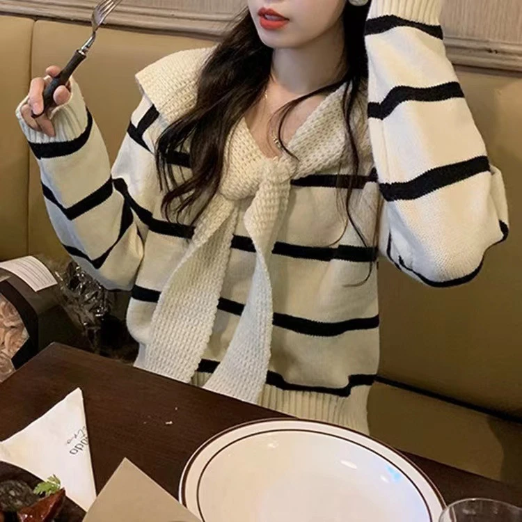 慵懒毛衣女秋冬女披肩上衣2023新款宽松假两件条纹针织衫开衫外套