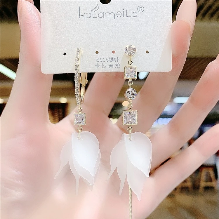 合金耳饰 不对称花瓣流苏耳环女超仙气质长款镶AB款花朵耳坠韩国