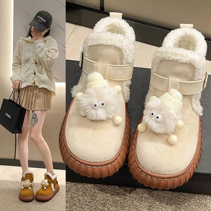 可爱毛毛雪地靴女2023冬季新款厚底加绒加厚防滑短靴棉靴保暖棉鞋