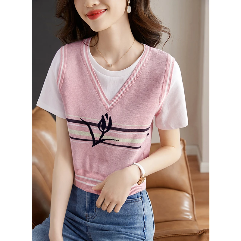 甜美减龄拼接撞色假两件针织衫女2024夏季新款小个子小衫短款T恤