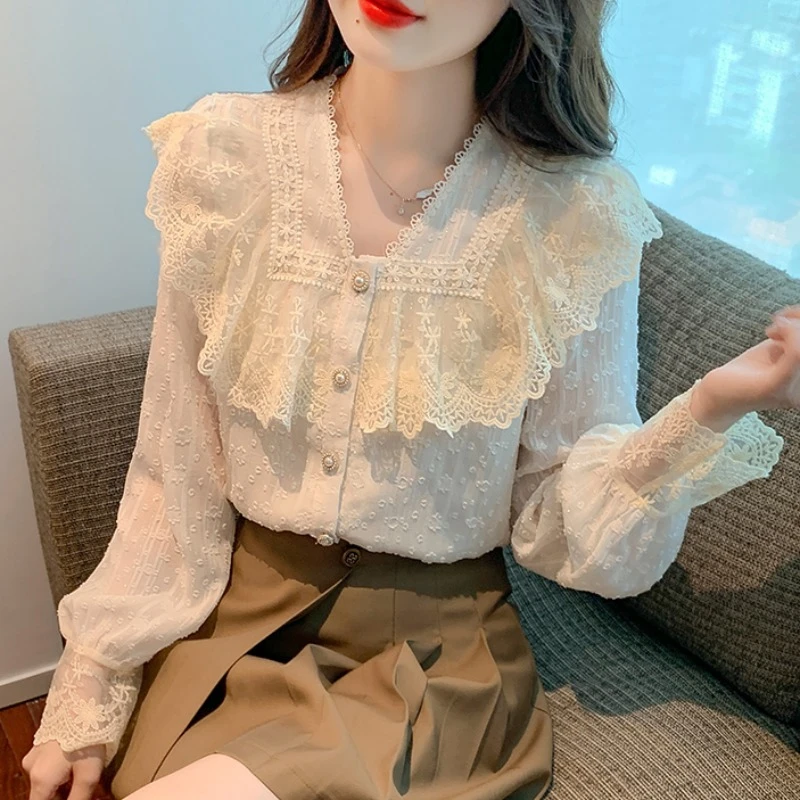 洋气v领蕾丝衬衫女士高级设计感时尚百搭漂亮上衣小衫秋季法式