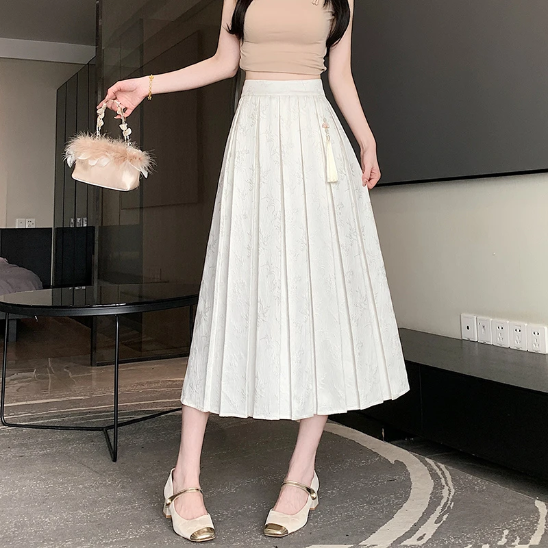 胖mm洋气高腰显瘦半身裙女夏季新款新中式A字百褶裙垂感中长裙潮