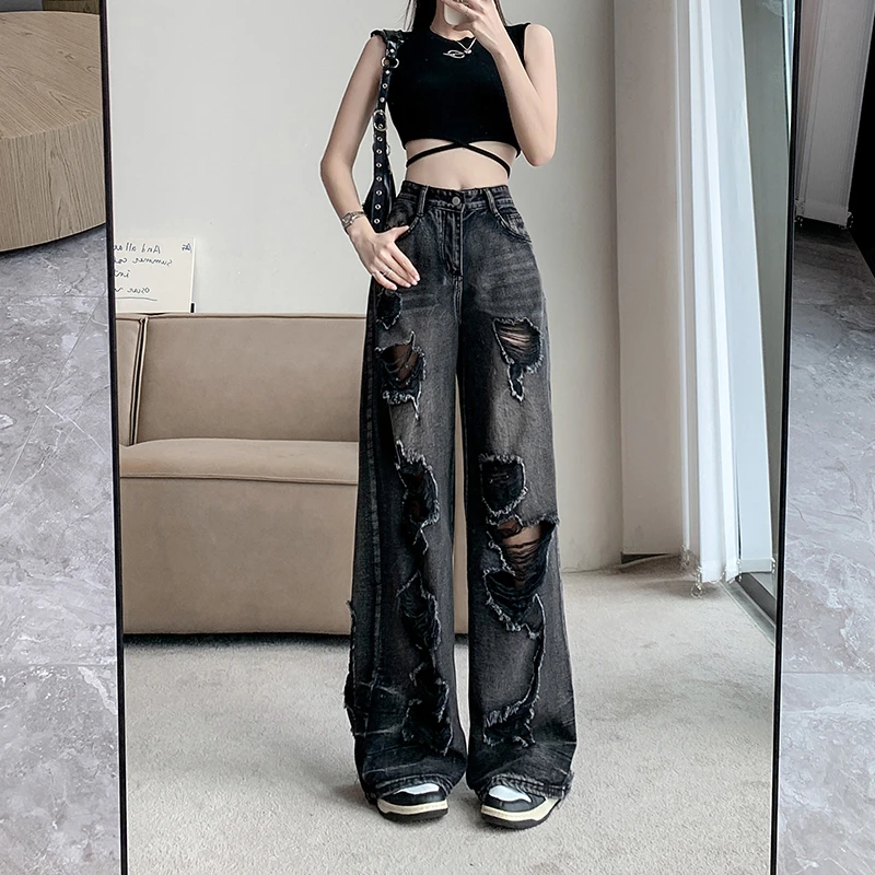 高街破洞高腰牛仔裤女2024夏季新款设计感做旧破洞乞丐直筒阔腿裤