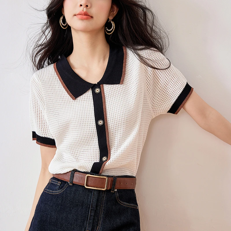 小香风气质polo领针织衫女夏季薄款复古撞色拼接气质显瘦百搭T恤