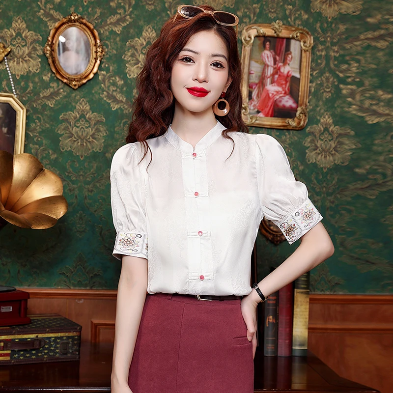 新中国风立领短袖衬衣女夏季薄款洋气小众小衫小个子别致刺绣T恤