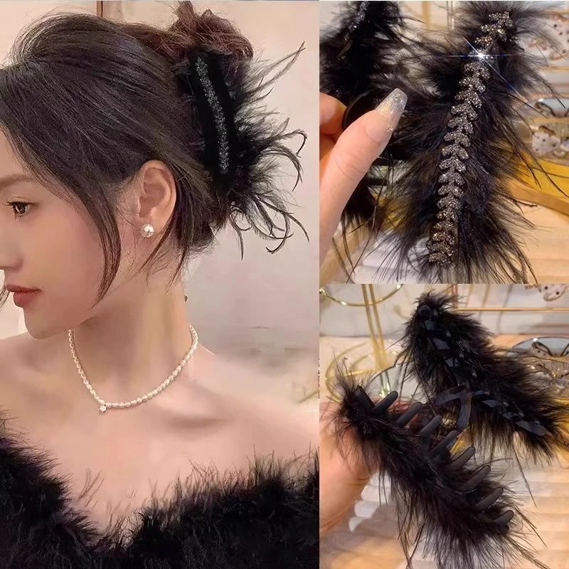 羽毛高颜值发夹后脑勺抓夹女水钻大号鲨鱼夹爆款发夹头饰小抓夹