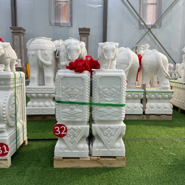 石雕汉白玉大象一对门墩抱鼓石石鼓门口家用石象别墅门口摆件