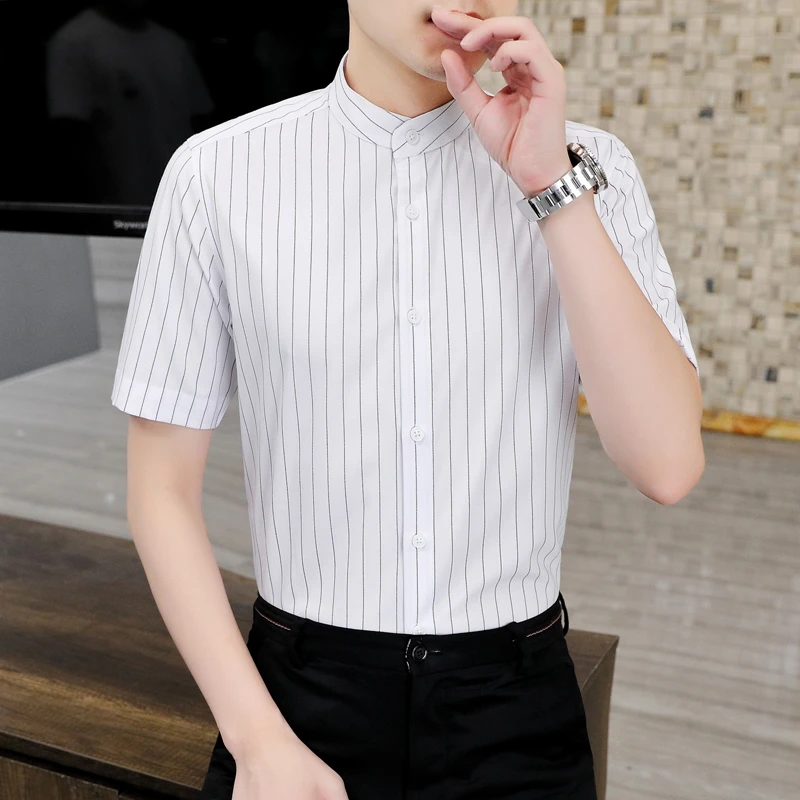 夏季男士商务休闲衬衫薄款透气纯色条纹修身职业衬衫男时尚百搭潮