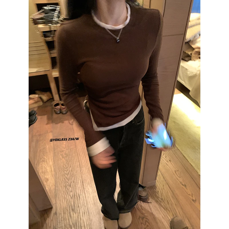 王少女的店【现现】咖色修身不规则假两件针织衫百搭打底 Z12760S34