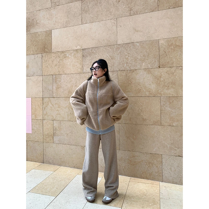 王少女的店 燕麦色加绒保暖阔腿裤松紧腰休闲通勤直筒裤K13363S34