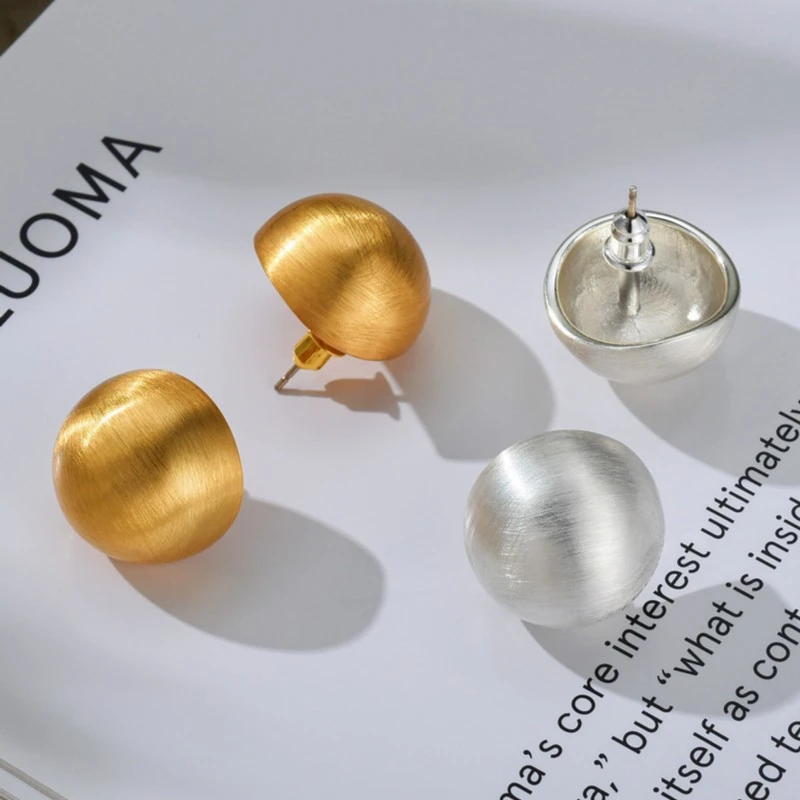 铜合金耳饰 金属磨砂拉丝耳钉女小众高级感法式百搭哑光圆球耳环