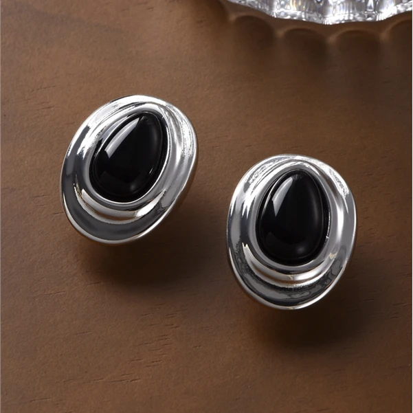 黄铜仿水晶耳饰 椭圆蛋形黑石耳环女轻奢小众高级感简约气质耳钉