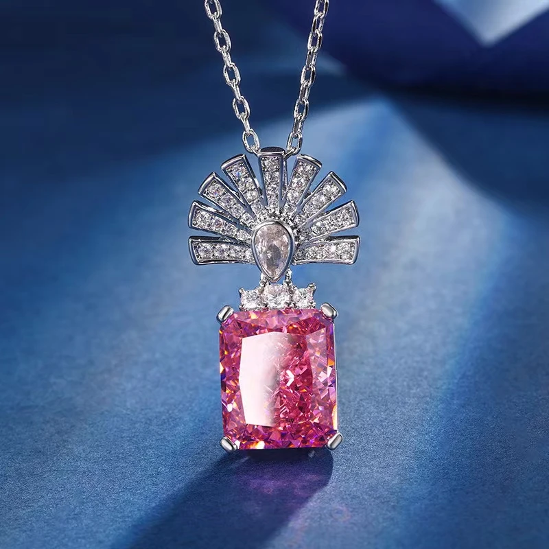 铜合金项链 809欧美粉红色扇形吊坠满钻时尚