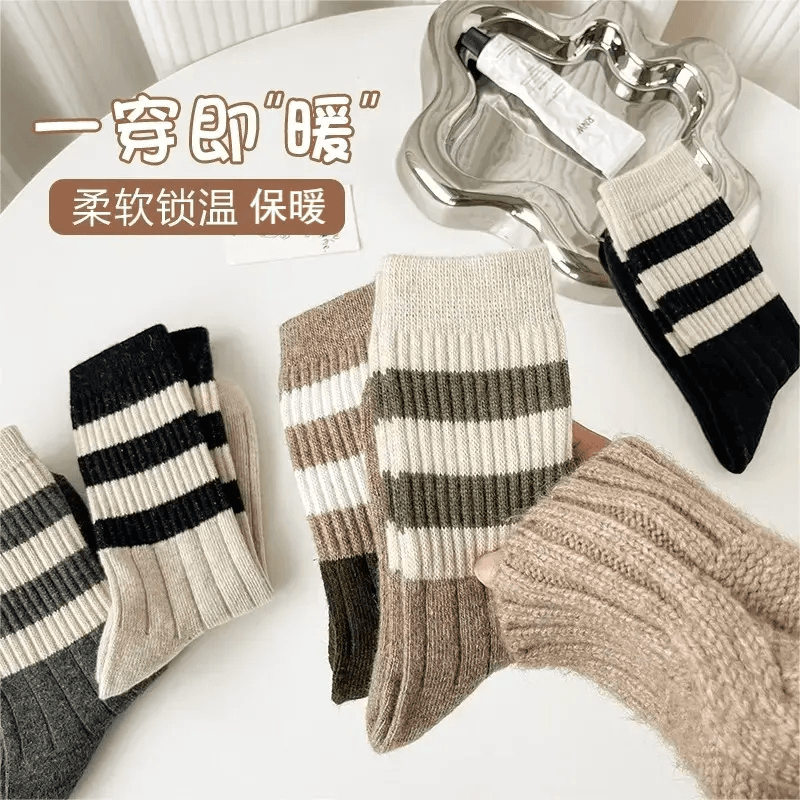 新款秋冬加厚保暖ins条纹长筒袜锁温堆堆袜学生运动休闲袜子情侣