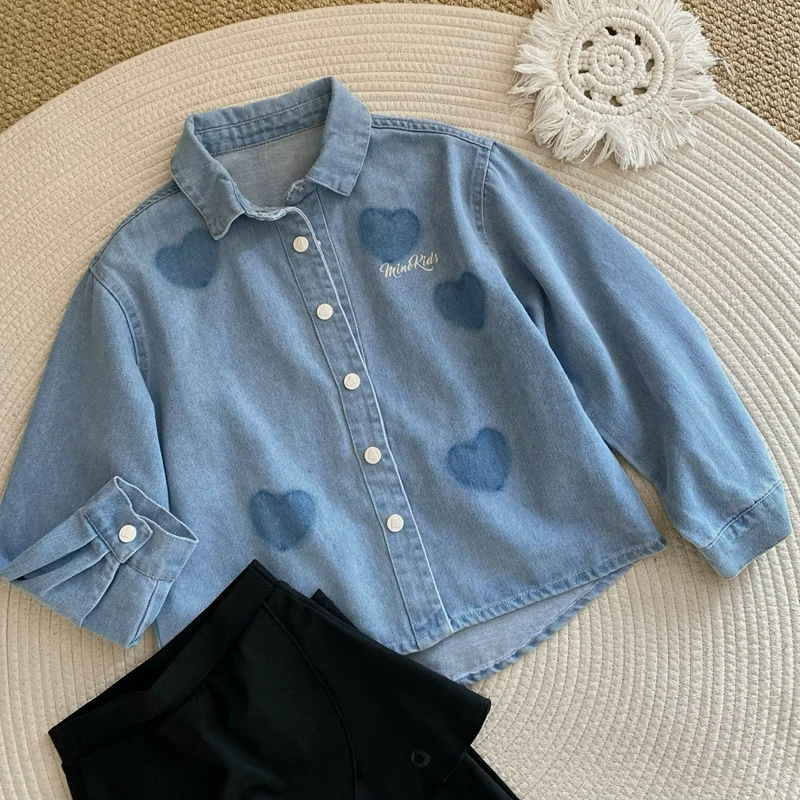 儿童牛仔衬衫春秋2024新款韩版中长款衬衣女童时尚春秋装薄款外套