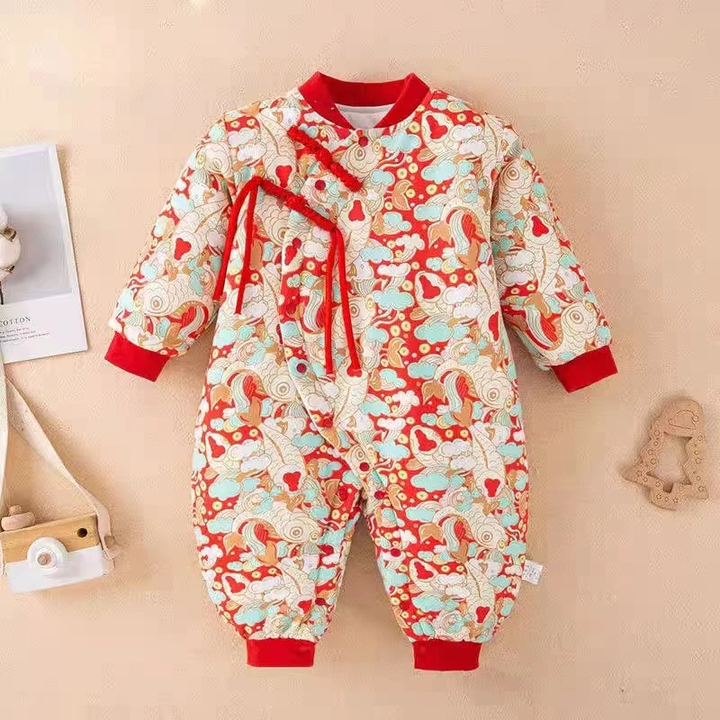 婴儿连体衣冬季拜年服新生儿加厚外出爬服宝宝国风纯棉保暖哈衣服