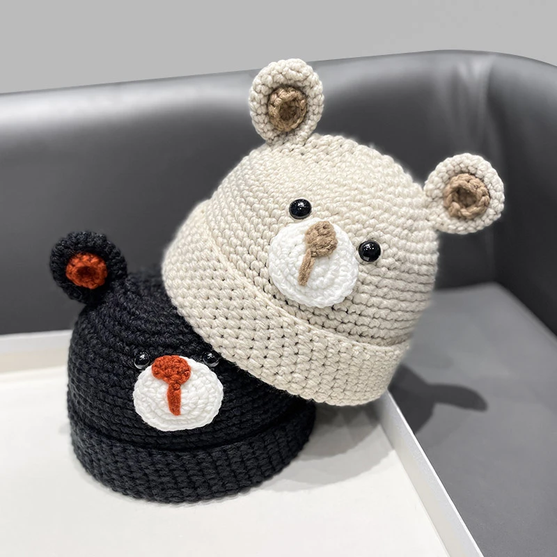 2023新款针织帽子女韩版可爱手工编织小熊可爱毛线帽韩版学生冷帽