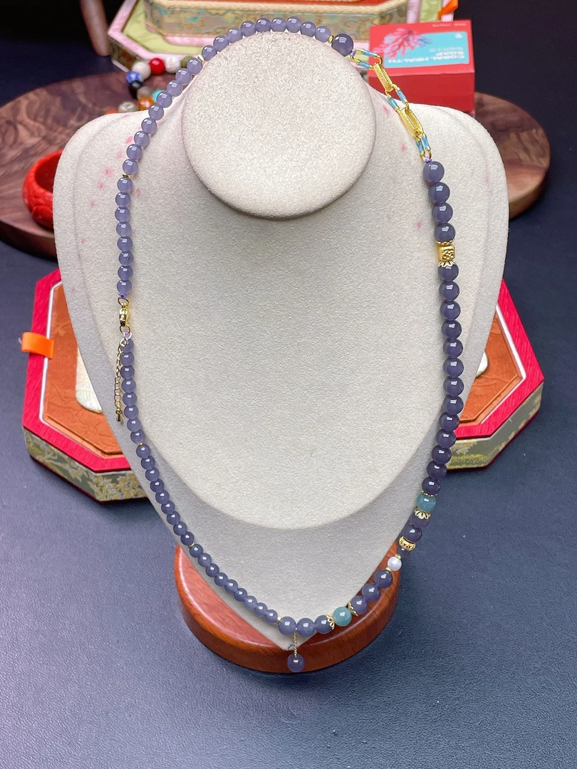 烟紫色 8mm圆珠DIY项链Q936