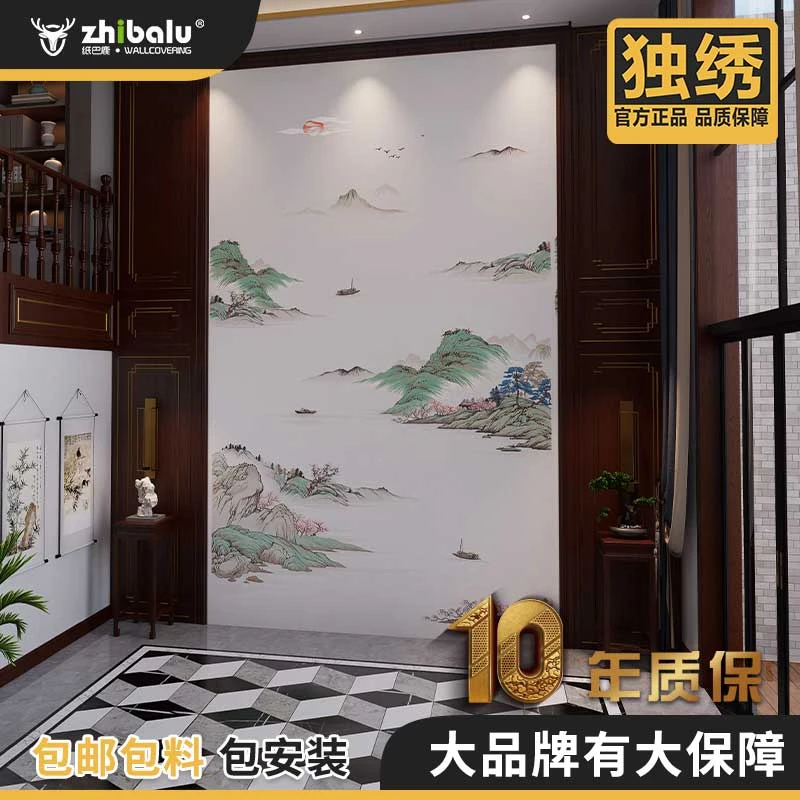独绣别墅挑高客厅刺绣壁布大玄关新中式高端定制背景墙布蜀山仙境