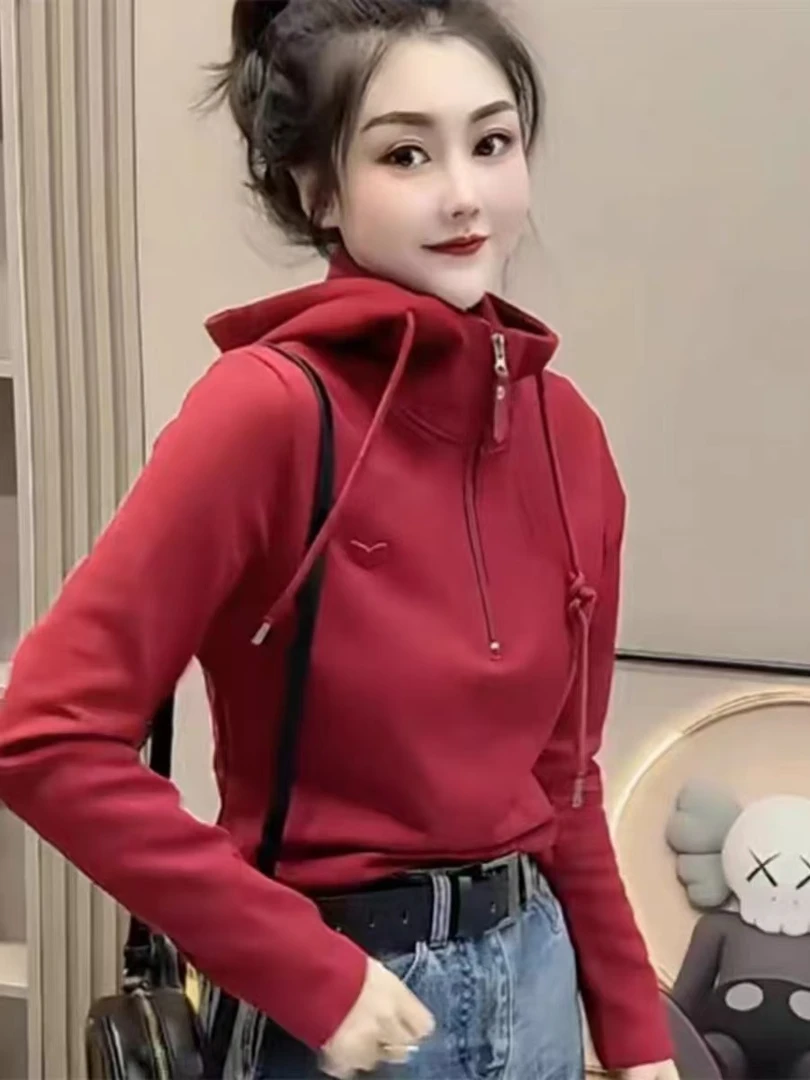 胖丫专属-99616欧货半拉链连帽爱心刺绣长袖卫衣秋冬新款上衣