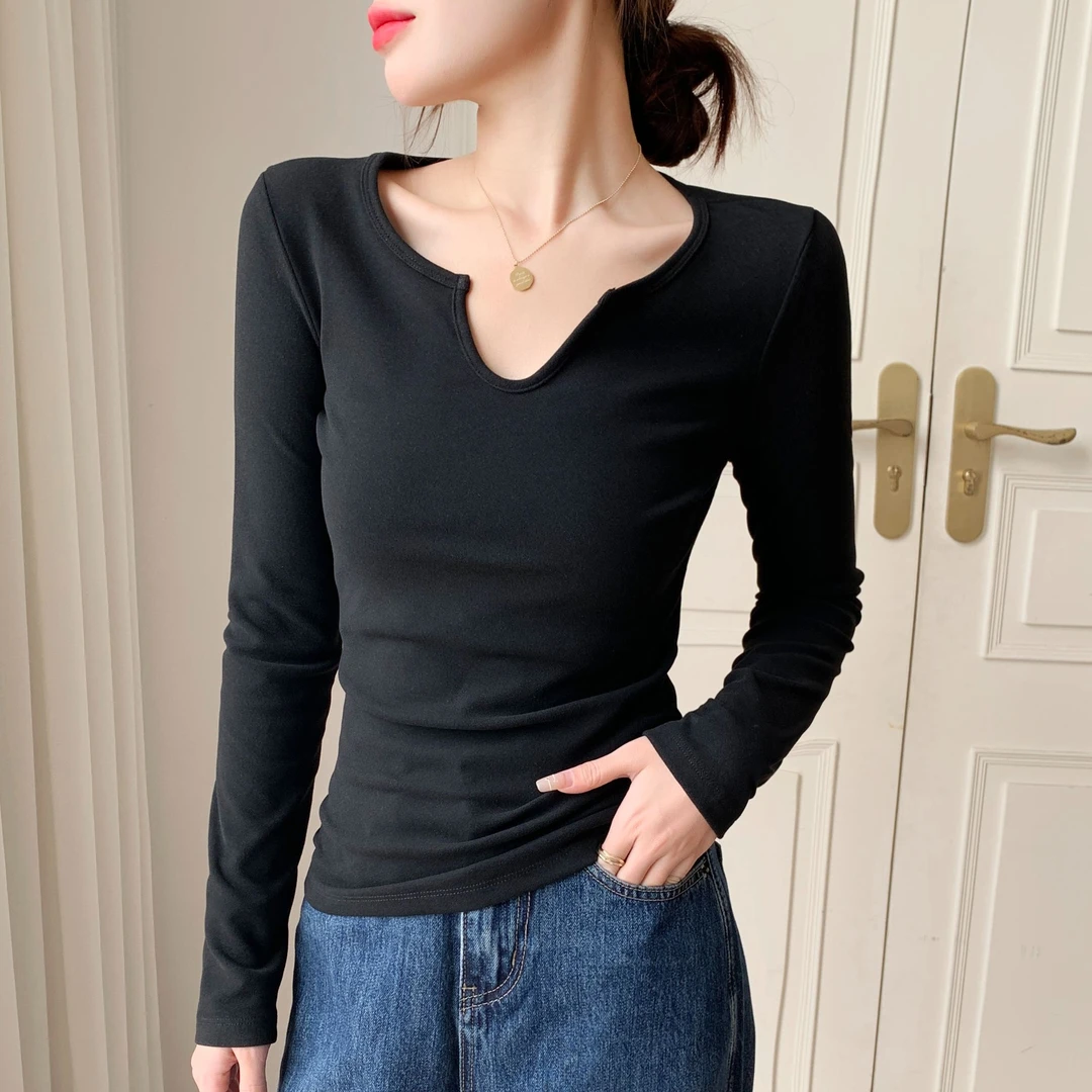小v领加绒保暖长袖打底衫女新款千金早秋冬季低领黑色打底衫女