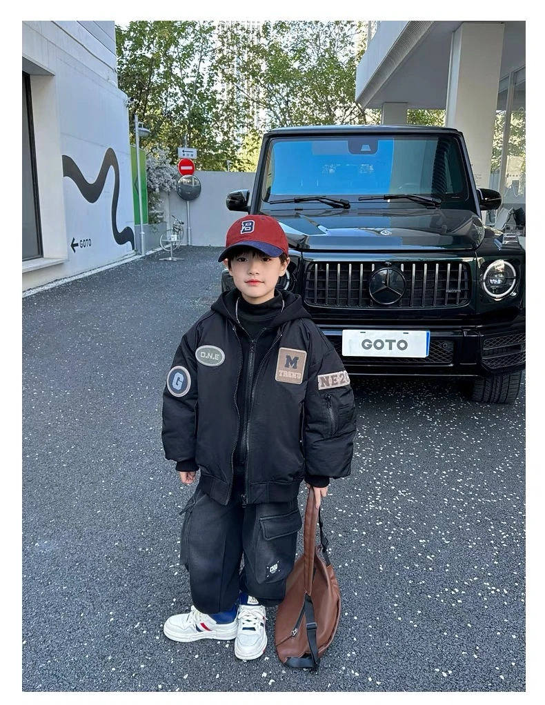 假两件棉服男童冬季加厚2024新款洋气儿童冬装外套冬款潮连帽棉衣