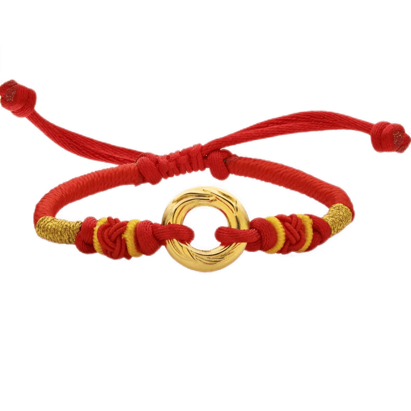 足银银制品 情侣红绳手链女龙凤纹平安扣包金编织手串情人节礼物