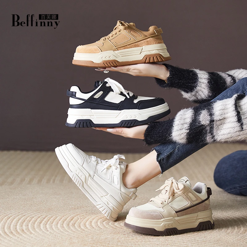 Beffinny/百芙娜5718-1 真皮厚底板鞋女2023秋冬季新款加绒休闲鞋