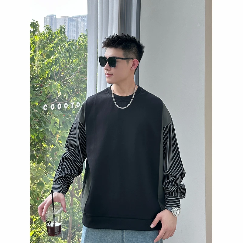 【时尚起易】秋季新款潮流港版条纹撞色拼接圆领卫衣男宽松休闲上衣