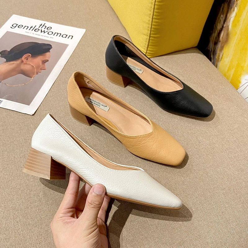 软皮粗跟单鞋女2024春夏新款气质中跟高跟鞋方头软皮浅口百搭鞋子