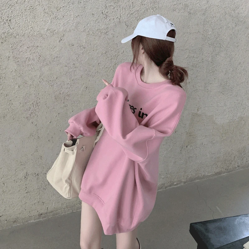 加绒宽松卫衣女2025年中长款字母印花下衣失踪韩版慵懒风纯棉上衣