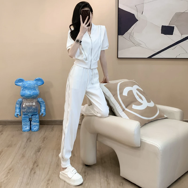 夏季新款时尚减龄休闲套装女气质显瘦设计感短袖长裤运动两件套潮