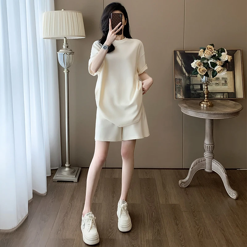 大版休闲运动套装女夏季新款减龄宽松时尚纯色短袖T恤短裤两件套
