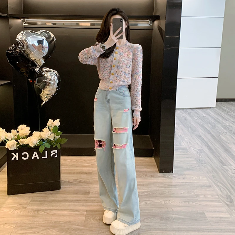 秋季新款时尚多巴胺套装女潮流显瘦针织长袖破宽松洞阔腿牛仔长裤