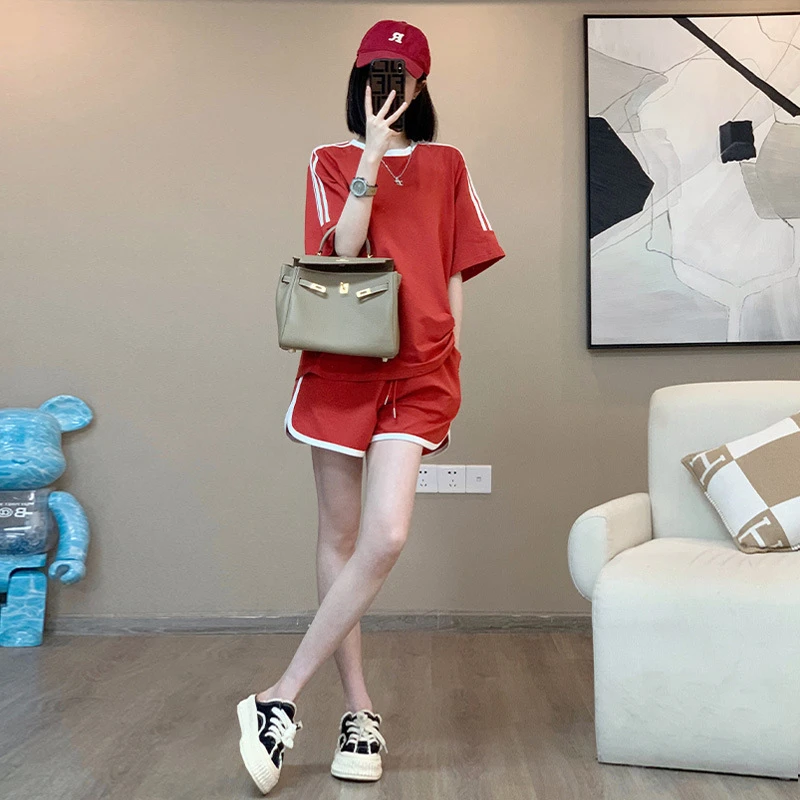 潮牌小个子时尚休闲运动套装女夏新款宽松显瘦减龄短袖短裤两件套