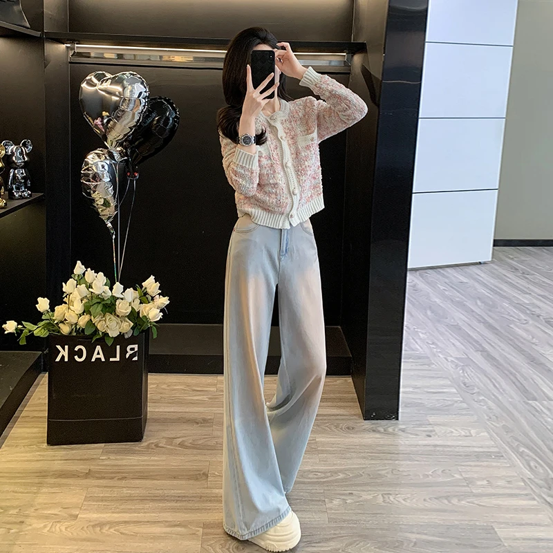 春季新款轻奢小香风拼色针织开衫上衣外套时尚潮流高腰阔腿牛仔裤