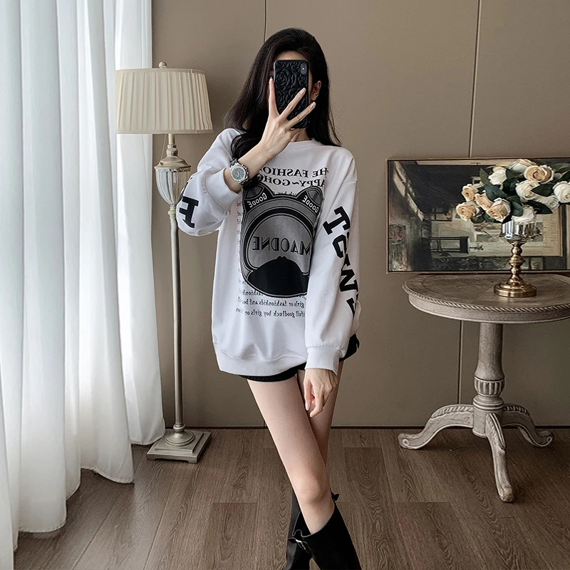 韩版秋冬新款设计感宽松百搭显瘦慵懒风中长款减龄长袖卫衣女