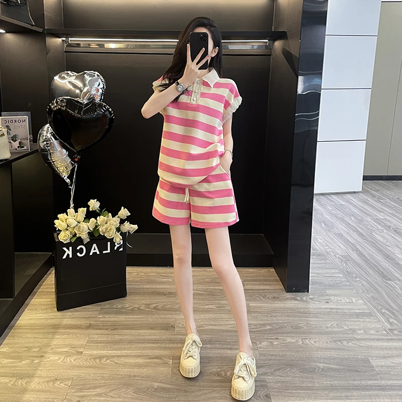 夏季新款时尚韩版女粉色条纹洋气泡泡袖Polo领短袖短裤两件套装