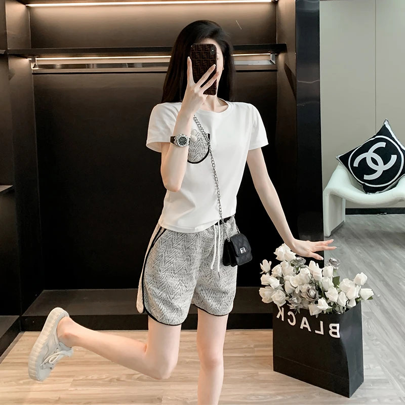 小香风高级感时尚休闲运动套装女夏新款宽松显瘦短袖短裤两件套潮