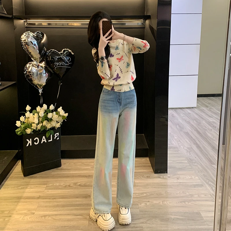 多巴胺减龄套装女秋冬新款时尚休闲显瘦针织衫高腰牛仔长裤潮