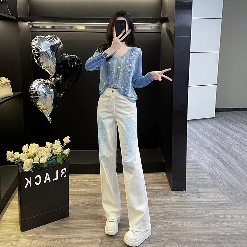 早秋新款时尚休闲多巴胺减龄套装女亮片针织衫高腰烫钻牛仔长裤潮