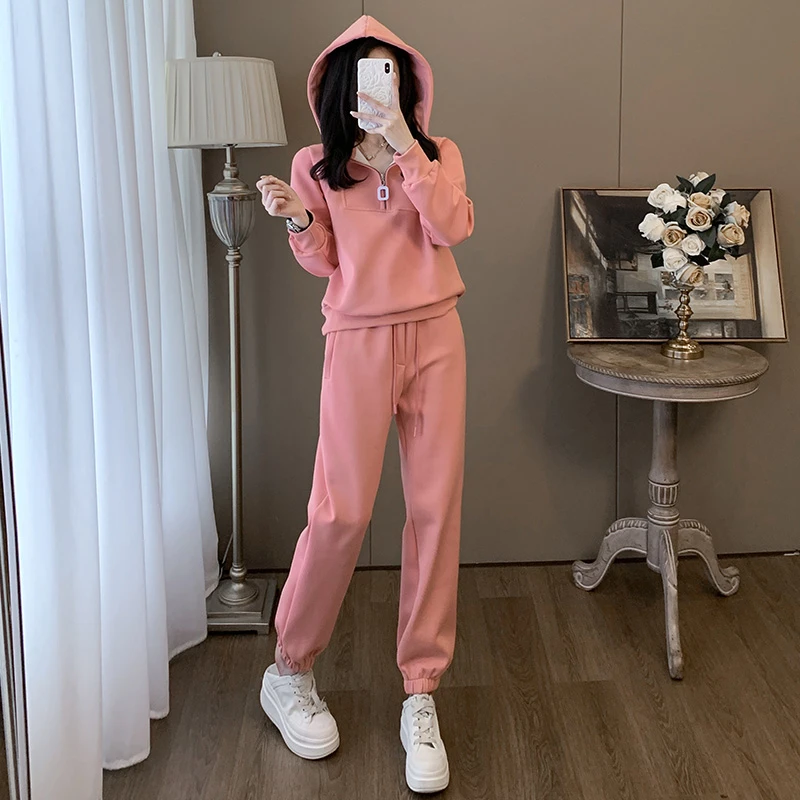 时尚休闲运动套装秋冬新款粉色连帽宽松显瘦减龄外套长裤两件套女