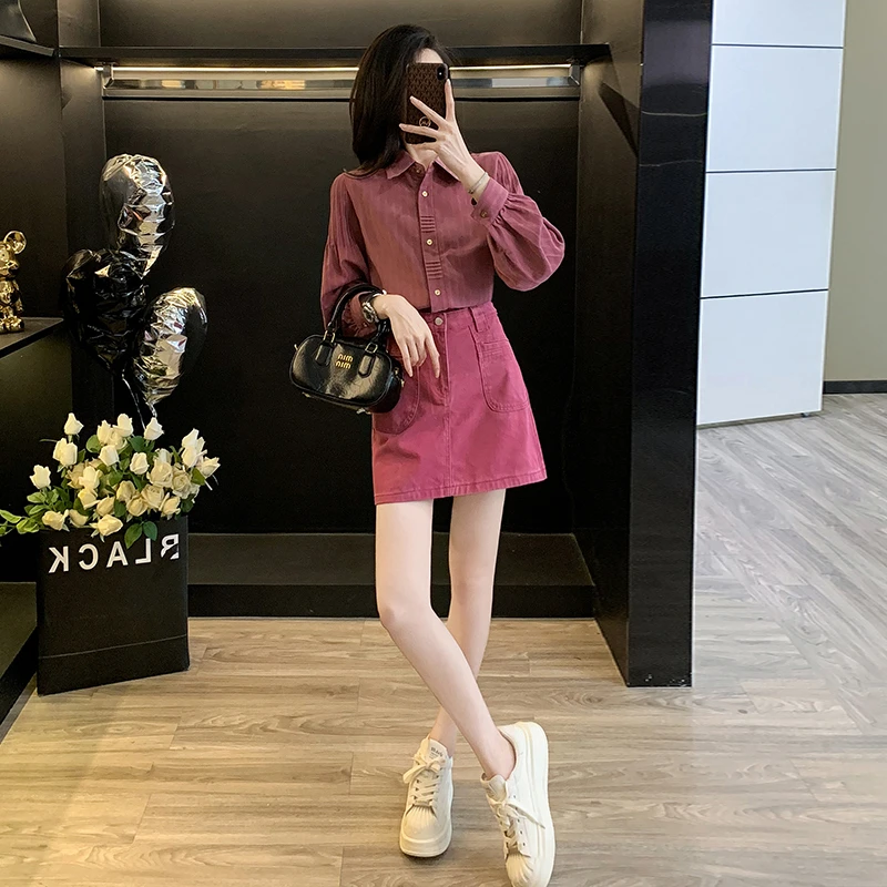 韩版多巴胺穿搭气质时尚夏季新款女装减龄衬衫短袖高腰短裙薄款潮