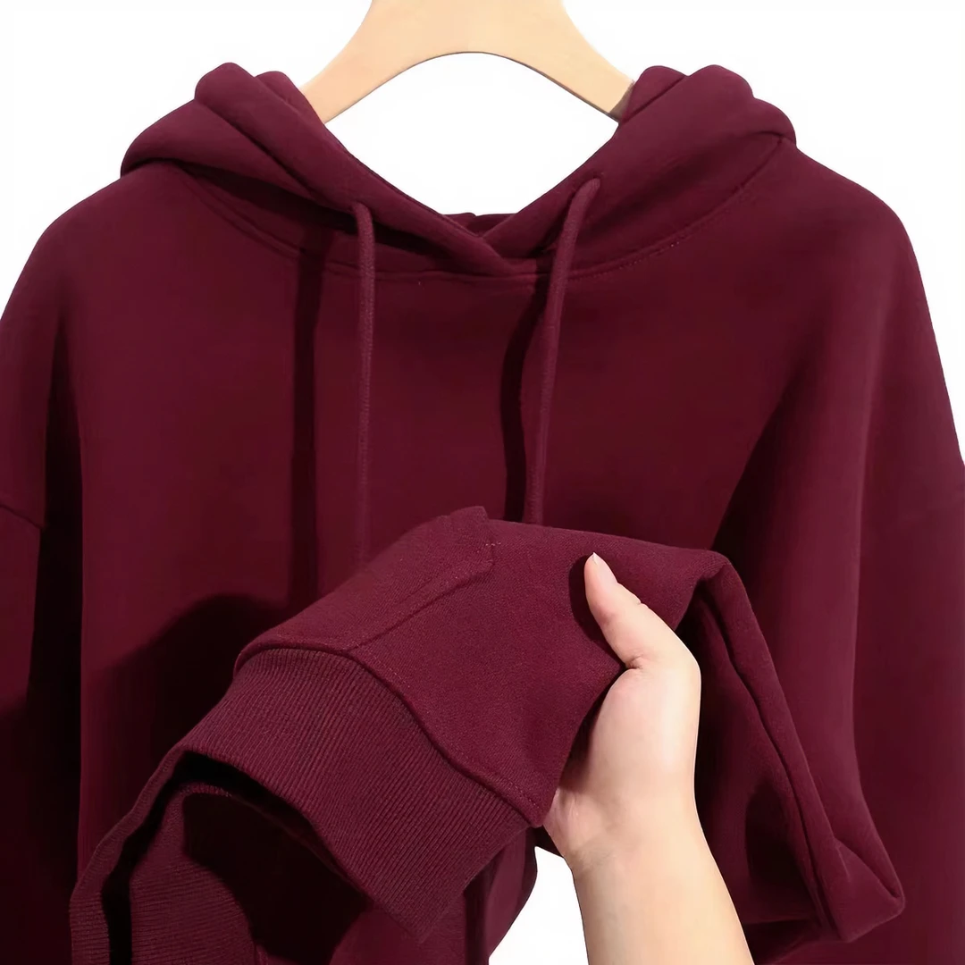 显白复古酒红色重磅连帽卫衣男春秋季休闲宽松休闲纯色简约上衣女