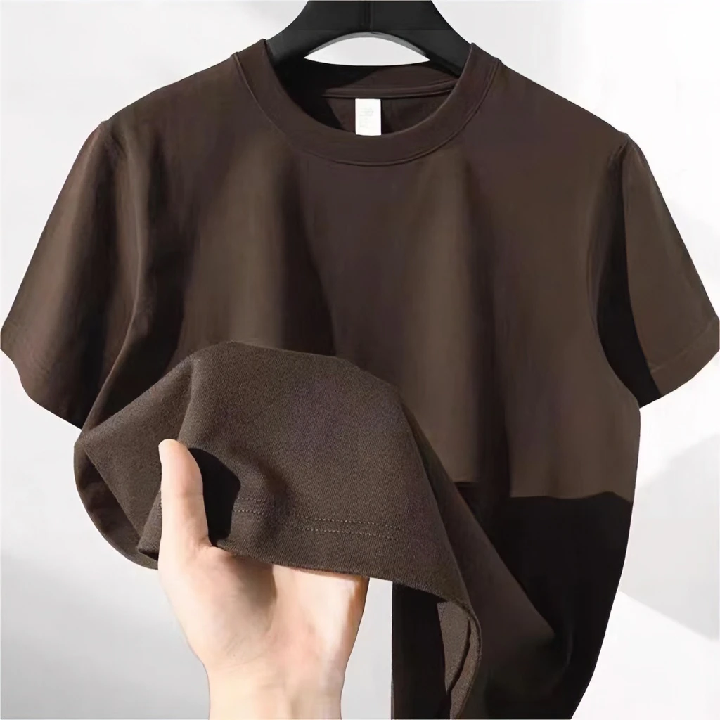300g重磅深棕色纯棉圆领短袖T恤男女同款纯色休闲宽松半袖上衣夏