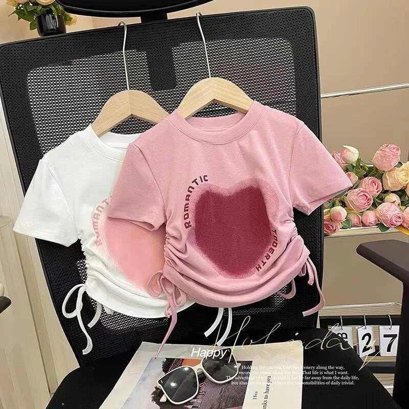 【亲子款】夏季短袖新款洋气爱心T恤宝宝休闲抽绳上衣