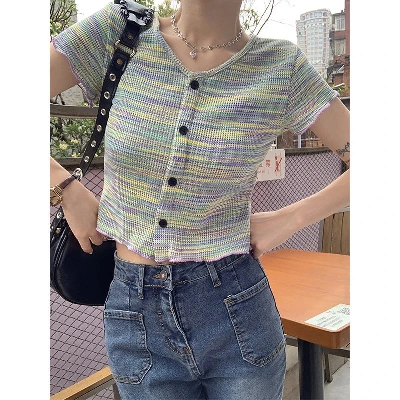 设计感拼接撞色短款小个子辣妹上衣  显瘦夏季条纹小众别致小众