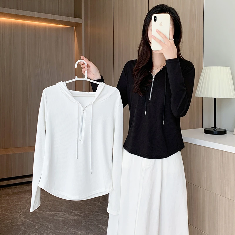 冰丝连帽长袖T恤衫女新款韩版修身甜美风气质通勤白色开衫上衣